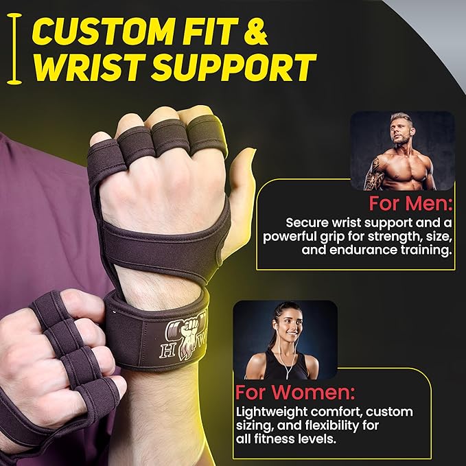 HW Weight Lifting Gloves for Men & Women – Gym Workout Gloves with Wrist Support, Full Palm Protection & Grip – Breathable Gloves for Crossfit, Training, Fitness & Strength Workouts