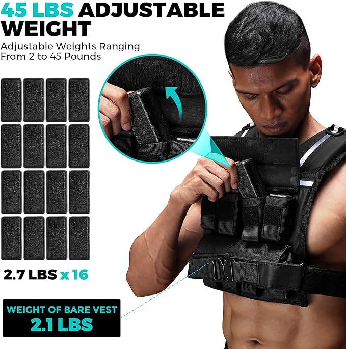 35lb/45lb Weighted Vest Men , Adjustable Rucking Vests for Walking with Reflective Stripe, 1.2" Ultra Thick Shoulder Padding Strength Training Workout Vest for Running GYM Home, Detachable Iron Weights