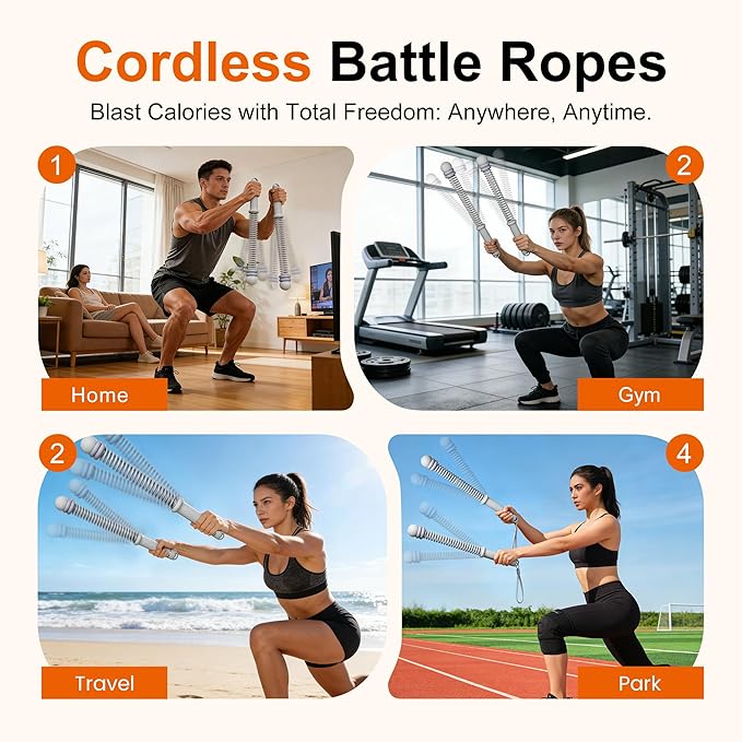 Adjustable Ropeless Battle Ropes, Portable Cordless Battle Ropes for Home Gym, Workout Equipment Exercise Rope for Low-Impact Workout, Strength & HIIT, for Men & Women (Grey)