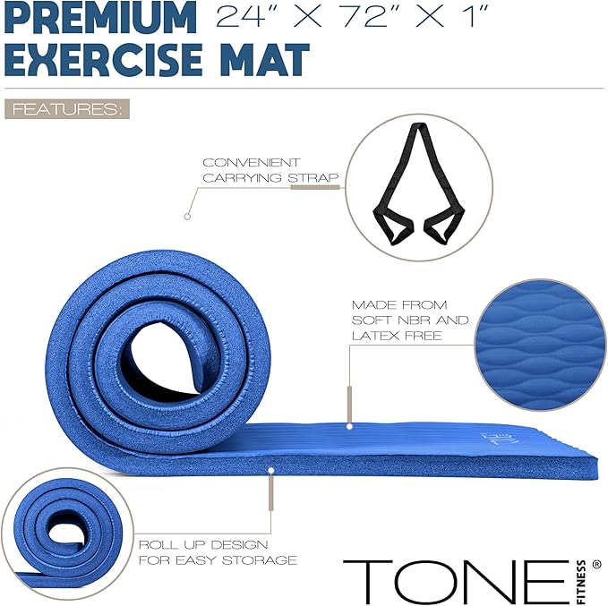 Tone Fitness 1-Inch Thick Yoga Mat | High-Density, Non-slip Exercise Mat with Carrying Strap for Yoga, Pilates, & Home Gym Workouts | Multiple Options