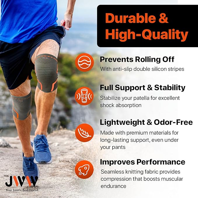 JWW Knee Compression Sleeve 2 Pack for Men and Women, Knee Brace for Knee Pain Relief, Comfortable Support for Running, Workout Sports and Daily Wear, Meniscus, ACL and Arthritis Recovery (Orange, M)