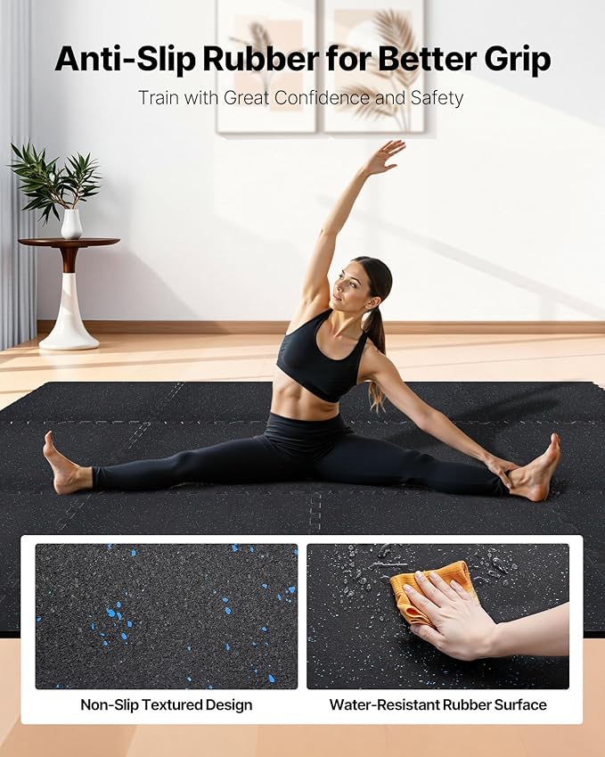 VEVOR 0.56Inch 96sq.ft 24 Tiles Gym Flooring for Home Gym, Rubber Top with High Density EVA Foam, 24 x 24In Gym Floor Exercise Equipment Mats, Interlocking Gym Mats, Puzzle Workout Mats, Black & Blue