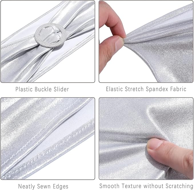 MDS Pack of 200 Spandex Foil Chair Sashes Bow Universal fits Elastic Stretch Chair Bands Ties with Buckle for Wedding Lycra Slider Bow - Metallic/zari/Sparkle Silver