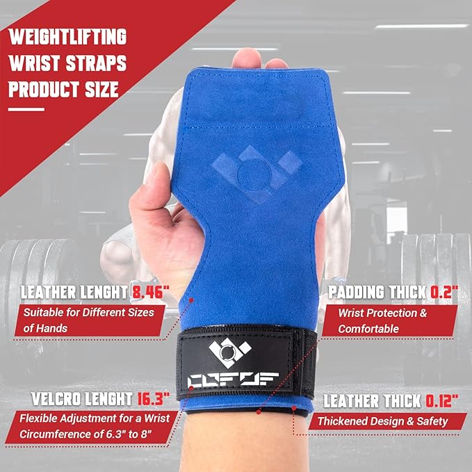 COFOF Weight Lifting Wrist Strap, Double Layer Leather Wrist Strap for Deadlift and Powerlifting, Adjustable Neoprene Padded Gym Workout Lifting Hooks (Pair)