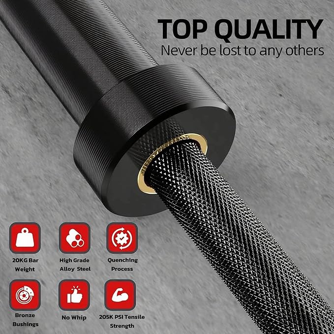 Professional Powerlifting Barbell, Aggressive Knurling 7ft/45lb Power Bar, 2000 lbs Capacity 205K PSI Weight Bar Fit 2" Plates for Bench, Squat, and Deadlift