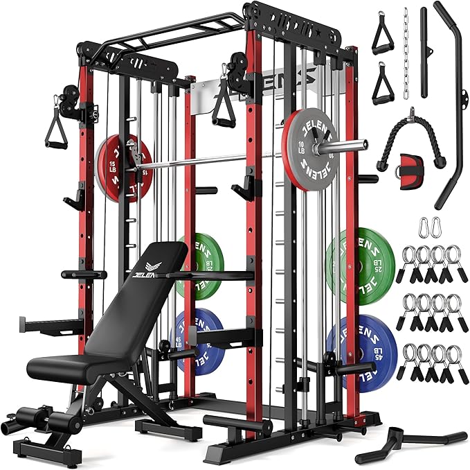 JELENS Smith Machine for Home Gym, Multi-Function M12 Power Cage with Cable Crossover System, Squat Rack with Smith Bar and More Attachment