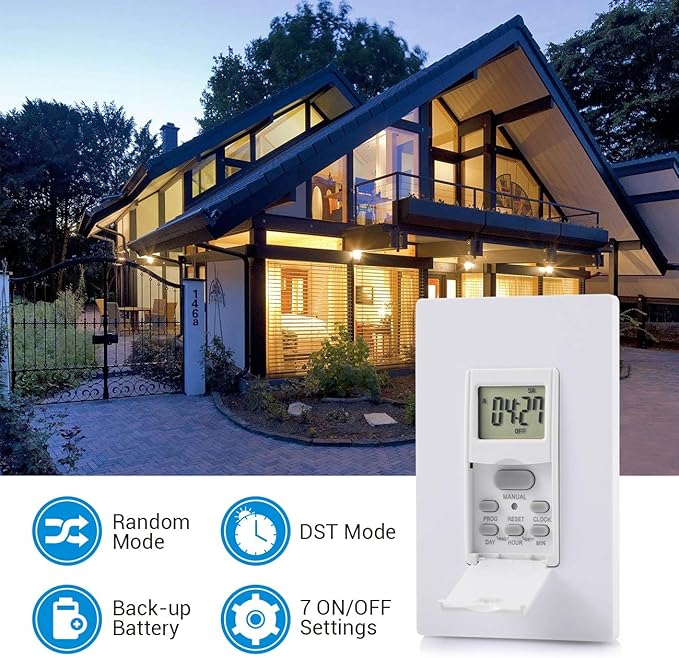 DEWENWILS Indoor in Wall Timer Switch for Light, Single-Pole,7 Day, 7 ON/Off Settings, DST RND Mode, Programmable Digital Switch Timer for Lights, Fans, Motors, Neutral Wire Required, ETL Listed
