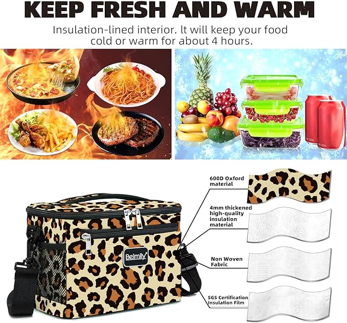 BEIMILY Lunch Box for Men/Women, Small Insulated Lunch Bag, Leak-Proof Soft Cooler Tote Bag, Reusable LunchBox for Work, Travel,Picnic with Adjustable Shoulder Strap for Adults(Leopard print)