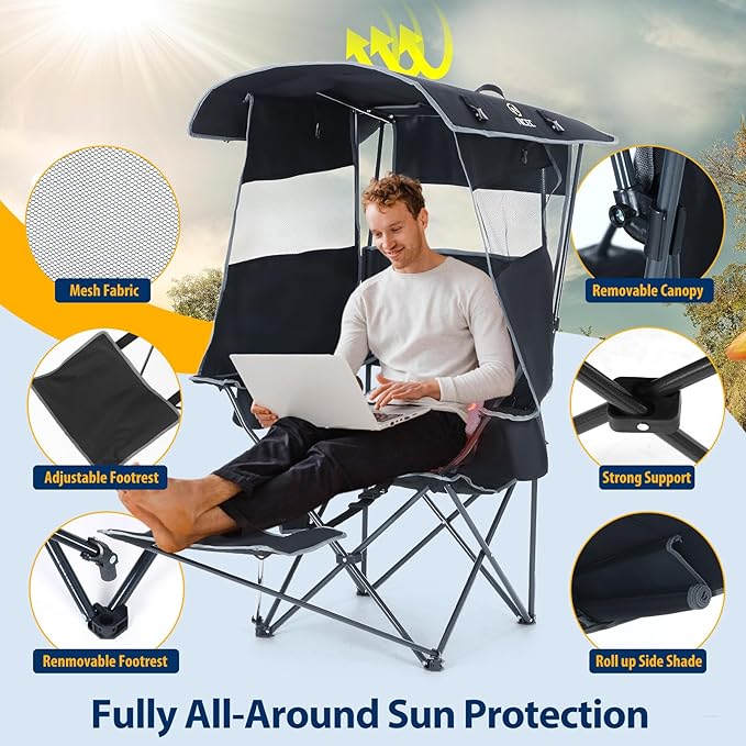 Nice C Chair with Canopy, Heated Camping Chair with Battery, Outdoor Sports Chairs with Shade, Heated Folding Umbrella Lawn Chairs, with Removable Footrest (2-Pack)