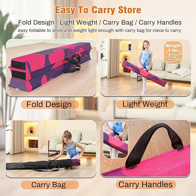MARFULA 6 FT / 8 FT / 9 FT Folding Gymnastics Beam Foam Balance Floor Beam - Extra Firm - Suede Cover - Anti Slip Bottom with Carry Bag for Kids/Adults Home Use