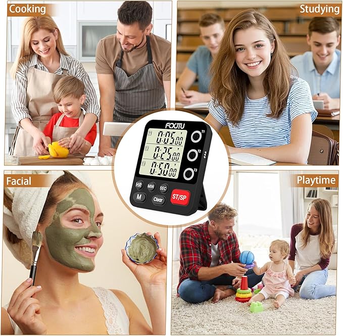 FCXJTU Digital Dual Triple Kitchen Timer, 3-Channel Magnetic Countdown Timer for Cooking, Large Display Stopwatch Multi Food Classroom Timer Loud Alarm for Seniors Teachers Battery Included (Black)