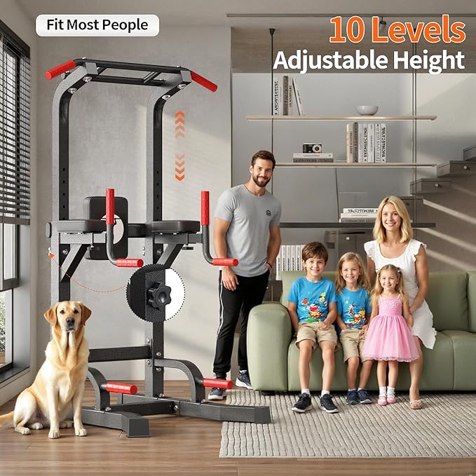SogesHome Power Tower Pull Up Bar Dip Stand, 10 Adjustable Height Free Standing Assistive Trainer Dip Station, Multi-Function Strength Training Fitness Workout Station for Home Gym Fitness Equipment