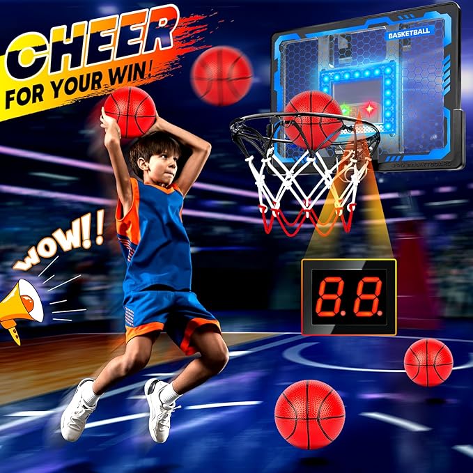 Indoor Basketball Hoop Pro for Kids, Over The Door Basketball Hoop Indoor with LED Light/Scoreboard/4 Balls- Upgraded Anti-Impact Backboard, Basketball Toys Gifts for 6 7 8 9 10 11 12 Year Old Boys