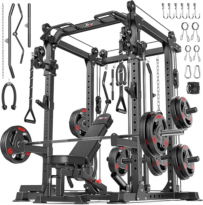 Power Cage Multi-Function Power Rack with Cable Crossover System,1500 LBS Capacity Squat Rack with Weight Bench,for Home Gym