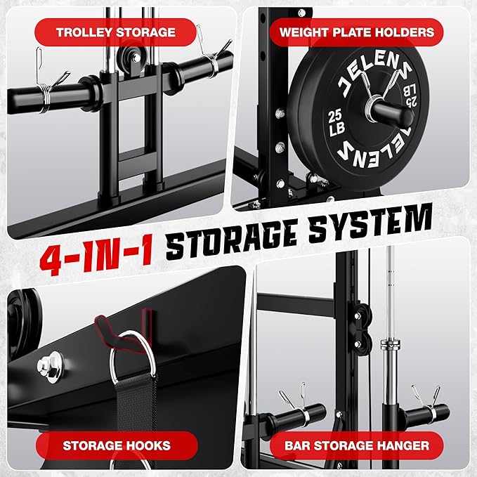 JELENS C12 Squat Rack for Home Gym, 2000LBS Power Rack with Adjustable Pulley System, Power Cage Workout Equipment with LAT Pulldown and Training Attachment