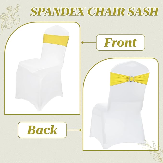 VDS - Yellow | Spandex Chair Sashes Bows | 150 PCS | Stretch Elastic Banquet Universal Folding Chair Band Tie with Silver Buckle Slider for Wedding Party Conference Celebration Event Decoration