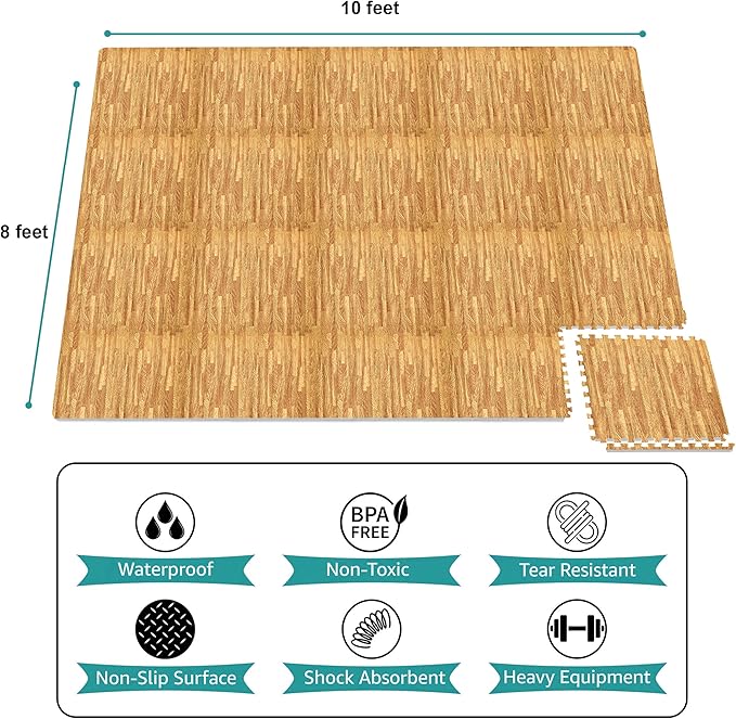Sorbus 80 Sq. Ft. Wood Grain Floor Tiles Foam Mat EVA Interlocking Mats Tile 3/8-Inch Thick Flooring Wood Puzzle Exercise Mats w/Borders - Home Playroom Basement, Apartment, Trade Show, Baby, Dance