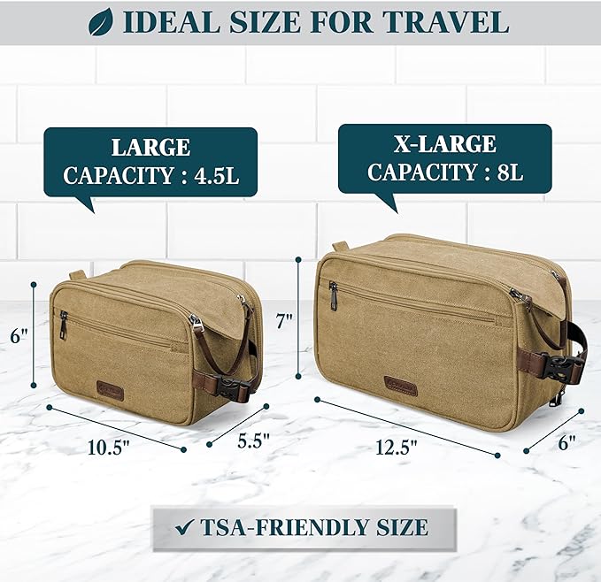 PAVILIA Toiletry Bag for Men, Canvas Dopp Kit, Travel Essentials Organizer, Water-Resistant Shaving, Grooming Kit, Large Hanging Bathroom Accessories Cosmetic Bag, Tan Khaki