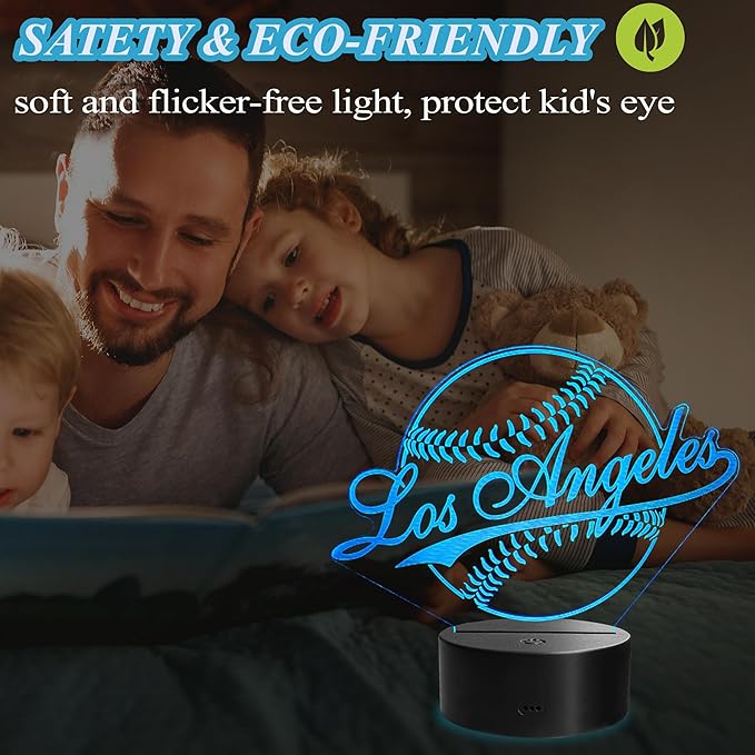 Baseball Los Angeles Night Light, LA Baseball Sport Gifts for Boy, 3D Illusion Lamp with Remote Control, 16 Colors Changing, RGB Flashing Mode and Dimmable, Gifts for Boys Christmas Decor