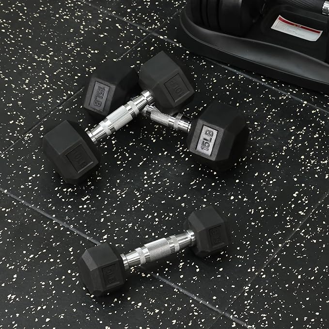 Signature Fitness Rubber Encased Hex Dumbbells with Optional Rack, 10 15 20LB Pairs and 5, 10 and 15 Pairs Weight Sets for Home Gym