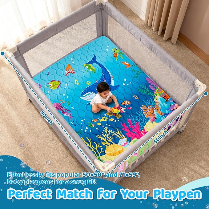 RONGFA Baby Play Mat for Floor, 71'' x 59'' Thicken Foam Soft Padded Mat for Baby, Playpen Mat for Toddlers Infant Kids, Machine Washable, Non-Slip Bottom Safe for Crawling (Sea)
