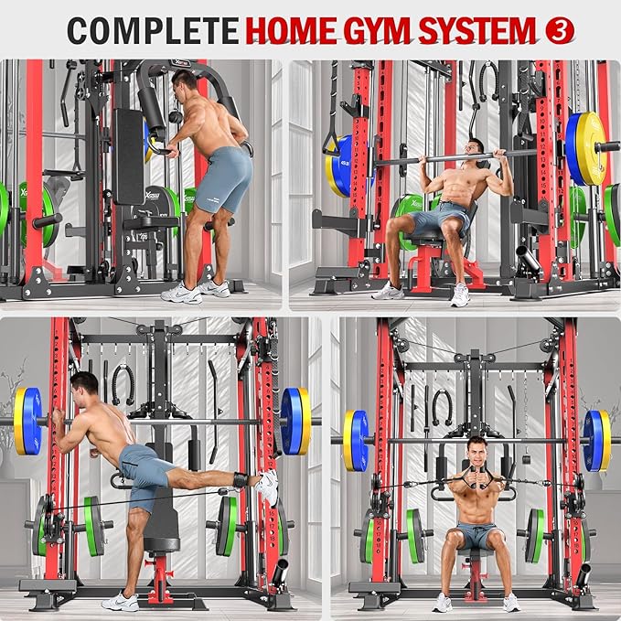 Smith Machine with Cable Crossover System, Multi-Function Power Cage Squat Rack for Home Gym, Power Rack and Packages Weight Sets.