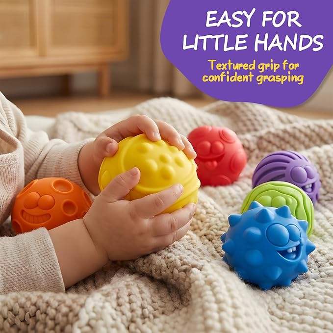 Baby Sensory Balls for 6-12 Months, 6PCS Textured Infant Toys, Soft Montessori Grasp Ball Set for Baby Development, Fine Motor Skills, Colorful Early Learning Gift