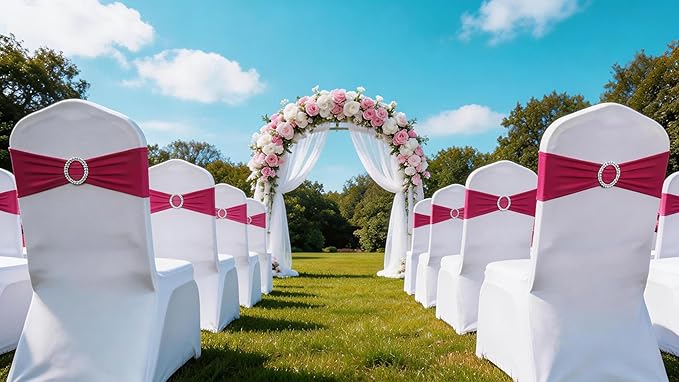 100 Pack Spandex Hot Pink Chair Sashes for Wedding - Stretch Fuchsia Chair Bows Sash Bands with Buckle for Party Birthday Banquets Bridal Baby Shower Events Decorations