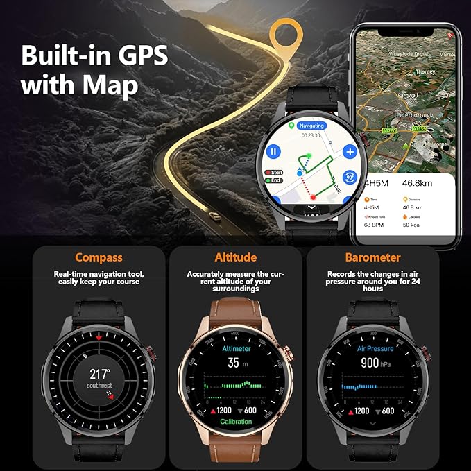 Smart Watch, GPS & Free Maps, AI, Bluetooth Call & Text, Health, Sleep & Fitness Tracker, 100+ Sport Modes, Waterproof, Long Battery Life, Waterproof, Compass, Barometer, 2 Bands Smartwatch for Men