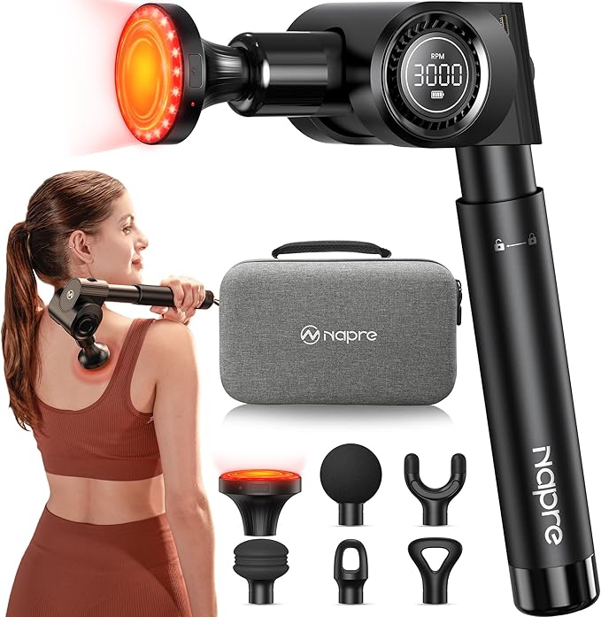 NAPRE Massage Gun with Heat,Deep Tissue Handheld Percussion Back Massager for Muscle/Neck/Body Pain Relief with Long Extension Handle,32-Speeds,Foldable,5 Adjustable Angles,with Case,Mothers Day Gifts