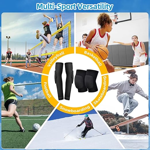 Volleyball Knee Pads and Arm Sleeves with Elbow Pads Set, High Protection Arm Pads Knee Pads for Youth Girls Boys Women Men Volleyball Basketball Football Skateboarding Wrestling Dance (Black/XS)