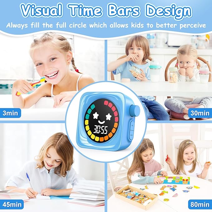Visual Timer for Kids, 99 Minute Digital Cute Kids Visual Timer Classroom for Homeschool Supplies Study Teaching Time Management Tool Countdown & Stopwatch, 2 Pack Blue with Colorful Display