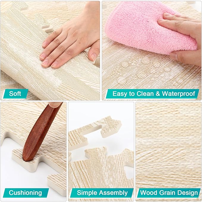 Tinideya 48 Pcs Printed Foam Tiles Bulk 12 x 12 Inch Interlocking Foam Mats Wood Grain Puzzle Floor Mat Tiles EVA Floor Padding Exercise Flooring with Border for Home Gym Playroom Kids(White)