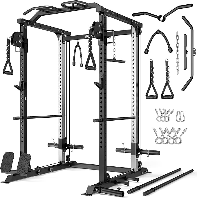 DP01 Power Cage, 2000LBS Squat Rack with with Cable Crossover and Dual Independent Pulley System, Full Cage for Full Body Training, Power Rack with More Training Attachments for Home Gym