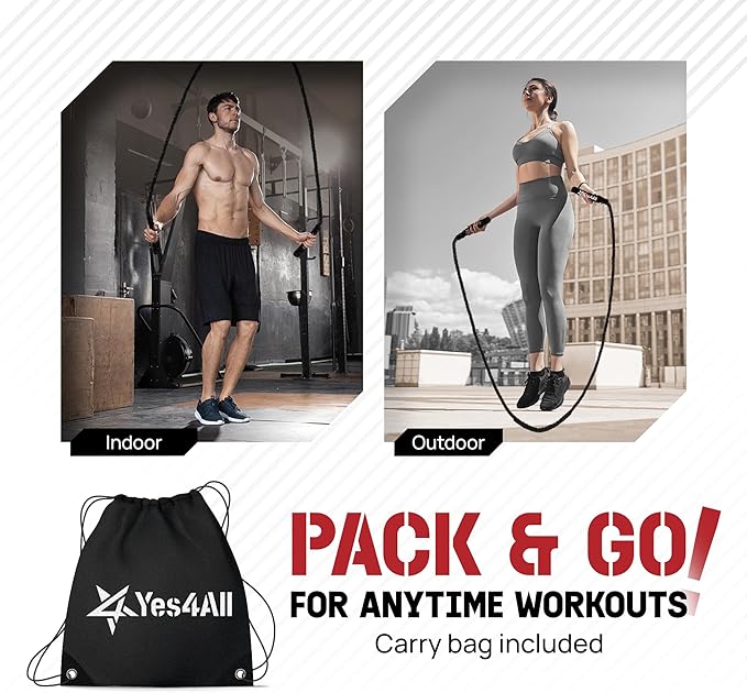 Yes4All Weighted Jump Rope, 3.8LB Heavy Skipping Rope with Anti-Slip Double Layer Handle & Protective Sleeve for Fitness, Cardio, Muscle Training - Carry Bag Included