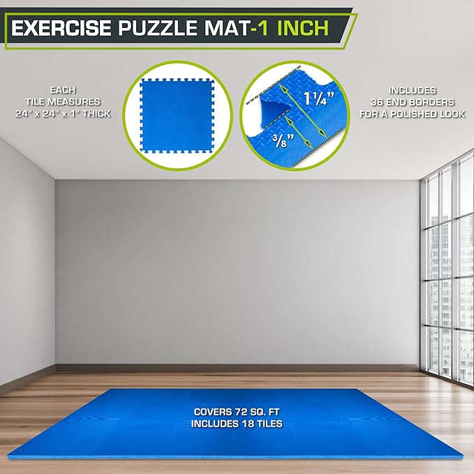 ProsourceFit Weaved Pattern Extra Thick Exercise Puzzle Mat 1-inch, EVA Foam Interlocking Tiles for Protective, Cushioned Flooring for Home and Gym Equipment; Blue, 72 SQ FT, 18 Tiles