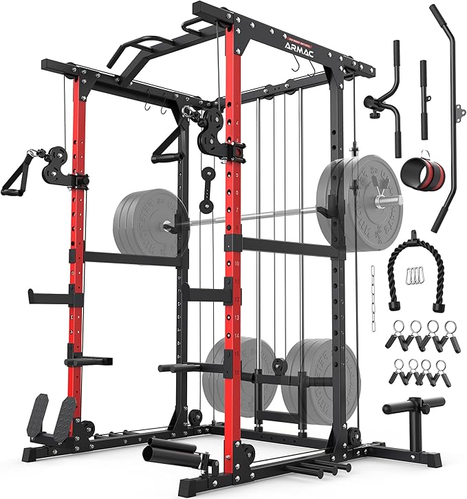 Sportsroyals Squat Rack, LAT Power Cage, Power Rack Multi-Function with Pulley System and Training Attachments for Home Gym