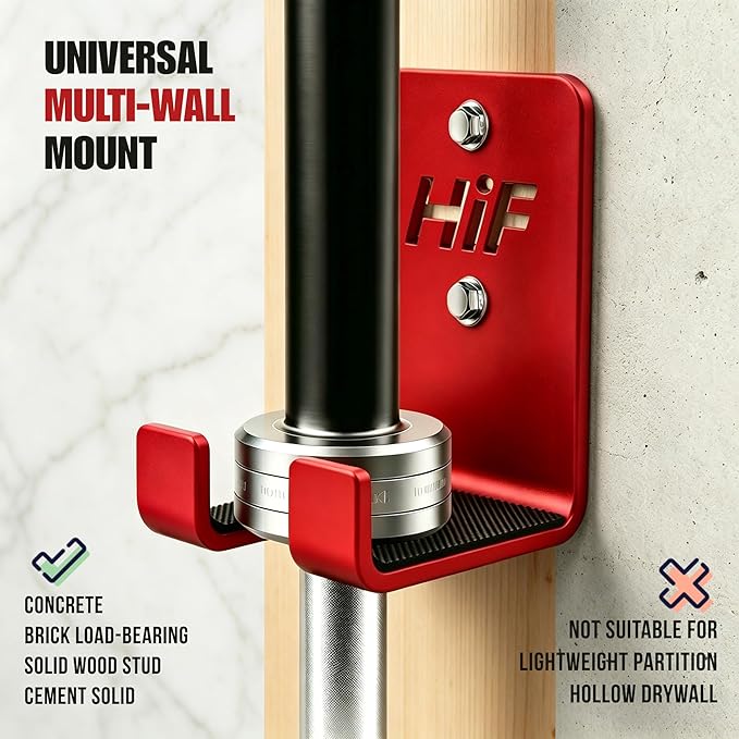 Olympic Barbell Hanger,Garage Gym Bar Wall Rack,Vertical Barbell Mount Rack,Space Saving Commercial or Home Gym Accessory,Holds Under 33mm Bar Size