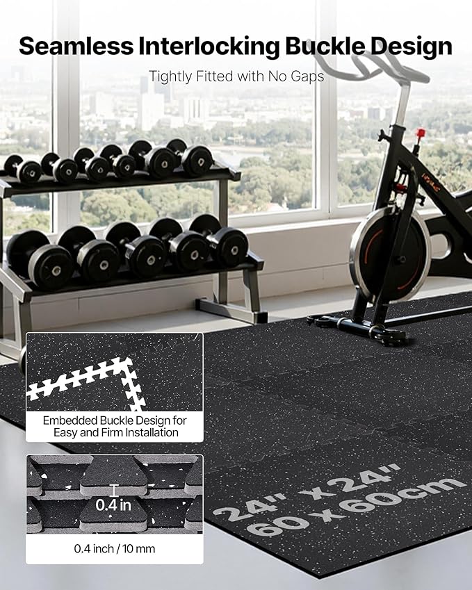 VEVOR 0.4Inch 96sq.ft 24 Tiles Gym Flooring for Home Gym, Rubber Top with High Density EVA Foam, 24 x 24In Gym Floor Exercise Equipment Mats, Interlocking Gym Mats, Puzzle Workout Mats, Black & White