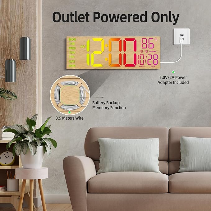 HAITANG 16.2" Large Digital Clock， 8 Colors Decorative Wood Wall Clock with Temperature, Date, Auto DST, Night Light, Auto Brightness Dimmer, 24/12-hour Wall Clock for Living Room Classroom Gym