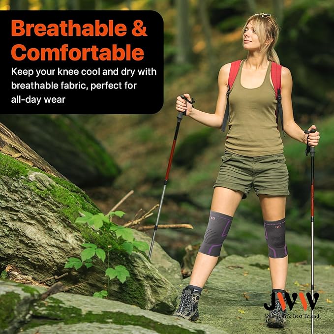 JWW Knee Compression Sleeve 2 Pack for Men and Women, Knee Brace for Knee Pain Relief, Comfortable Support for Running, Workout Sports and Daily Wear, Meniscus, ACL and Arthritis Recovery (Purple, XL)