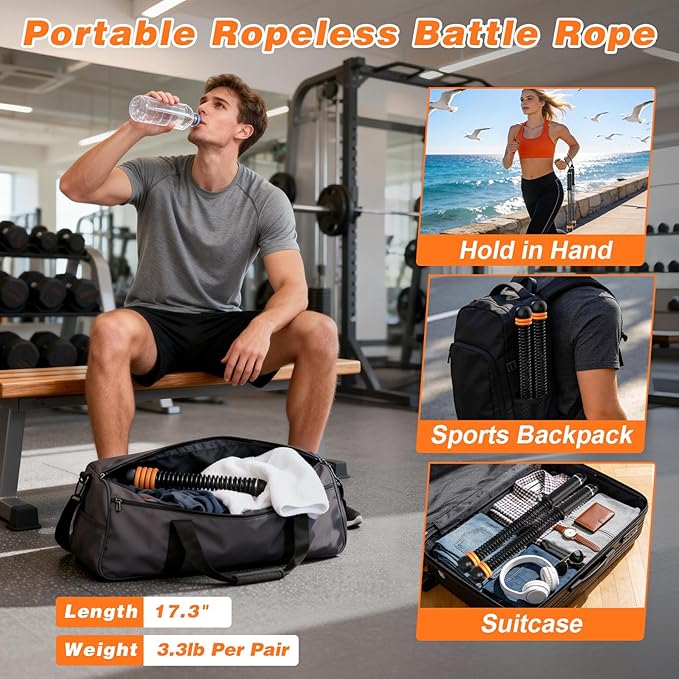 Ropeless Battle Ropes for Home Gym, Portable Cordless with Storage Bag & 8 Adjustable Weight Rings, Heavy Duty Fitness Rope for HIIT, Strength, High Calorie Burn & Low-Impact Cardio for Men & Women