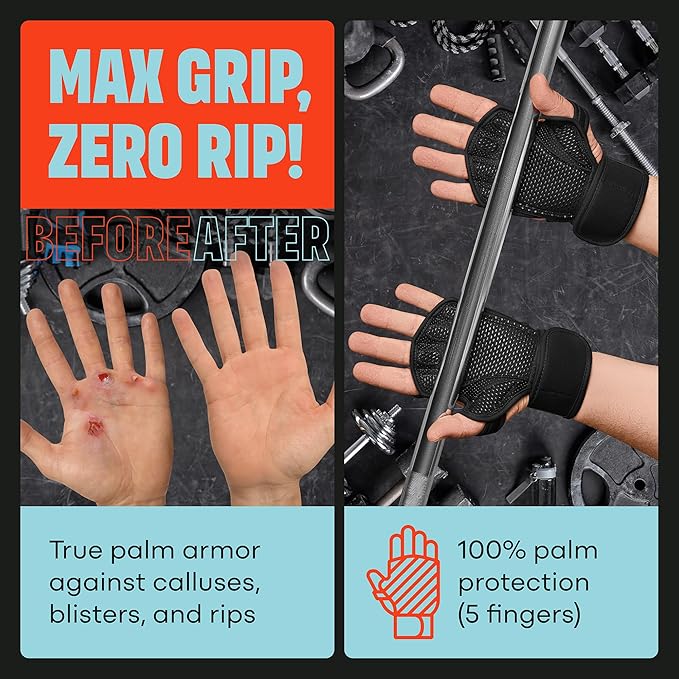 Mava Sports Open Gym Gloves with Integrated Wrist Support – Padded Weight Lifting Gloves for Men & Women – Silicone Grip Fingerless Workout Gloves for Cross Training & Fitness – 1 Pair