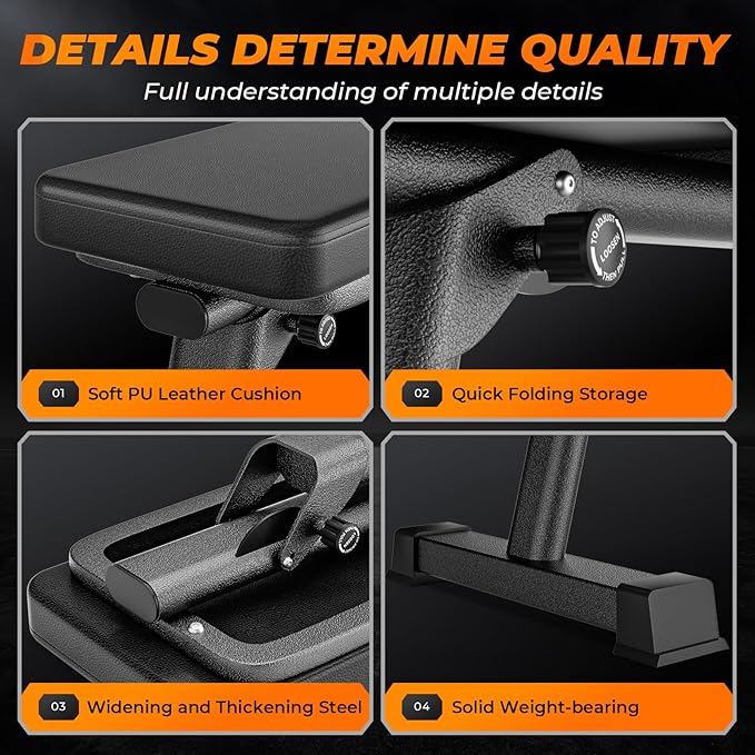 BODY RHYTHM Semi-Commercial Foldable Flat Bench for Multi-Purpose Weight Training and Ab Workout, Flat Weight Workout Exercise Bench with 1000lb Weight Capacity for Strength Training Bench Press, Suitable for Home and Gym.
