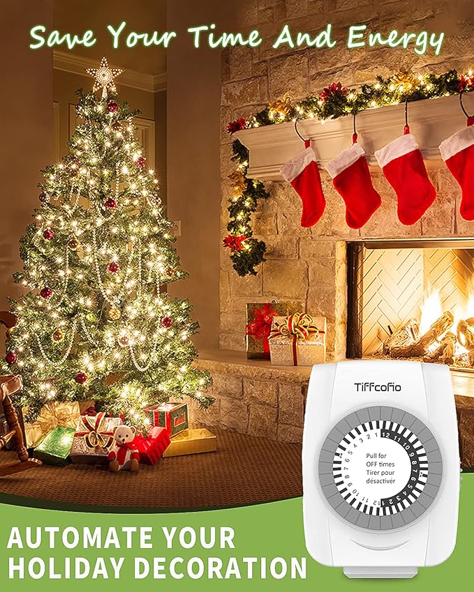 TiFFCOFiO Indoor Mechanical Outlet Timer, 3 Prong Timers for Electrical Outlets, 24-Hour Programmable Plug in Christmas Light Timer, ETL Listed (2 Pack)