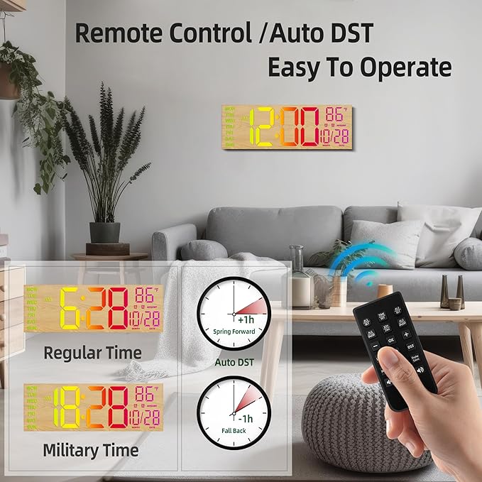 HAITANG 16.2" Large Digital Clock， 8 Colors Decorative Wood Wall Clock with Temperature, Date, Auto DST, Night Light, Auto Brightness Dimmer, 24/12-hour Wall Clock for Living Room Classroom Gym