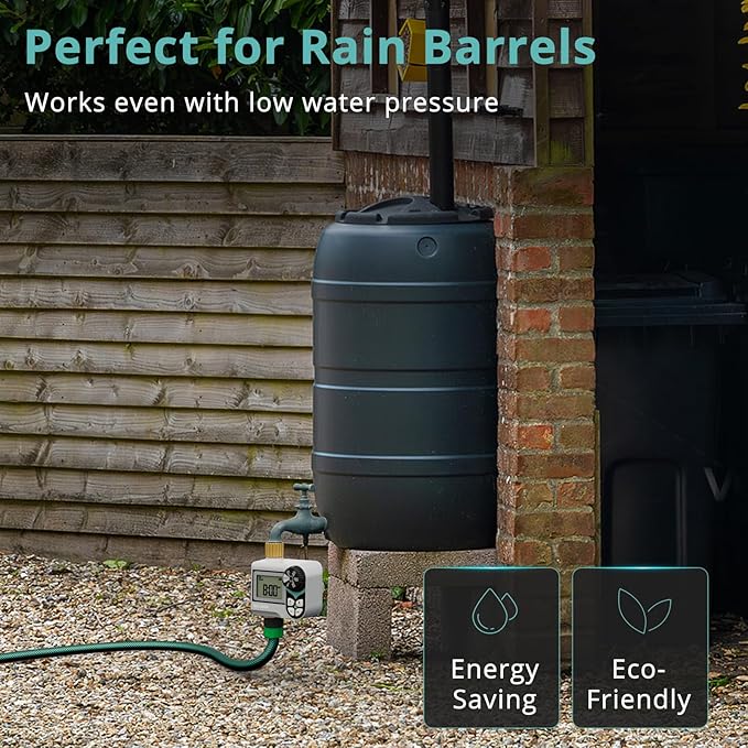 QUOBAS 2 Pack Low Pressure Water Timer, Programmable Sprinkler Timer with Brass Inlet & Outlet for Rain Barrel, Garden Hose, with Ball Valve & Waterproof Screen, Rain Delay/Manual/Auto Modes