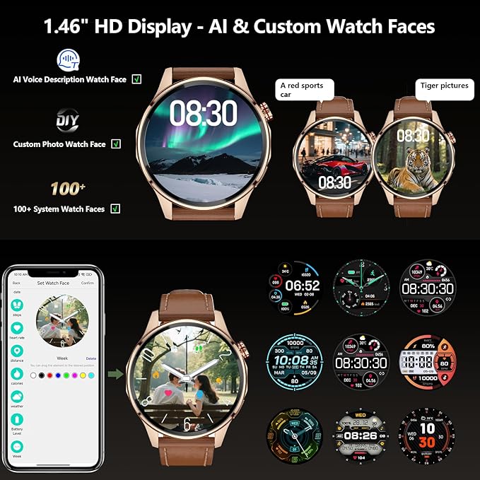 Smart Watch for Men Built-in GPS(Answer/Make Call/Text), 1.46" AI Smartwatch for Android Phones/iPhone, 100+ Sport Mode Fitness Tracker with Health/Sleep Monitor, Compass/Barometer/Altitude(2 Straps)
