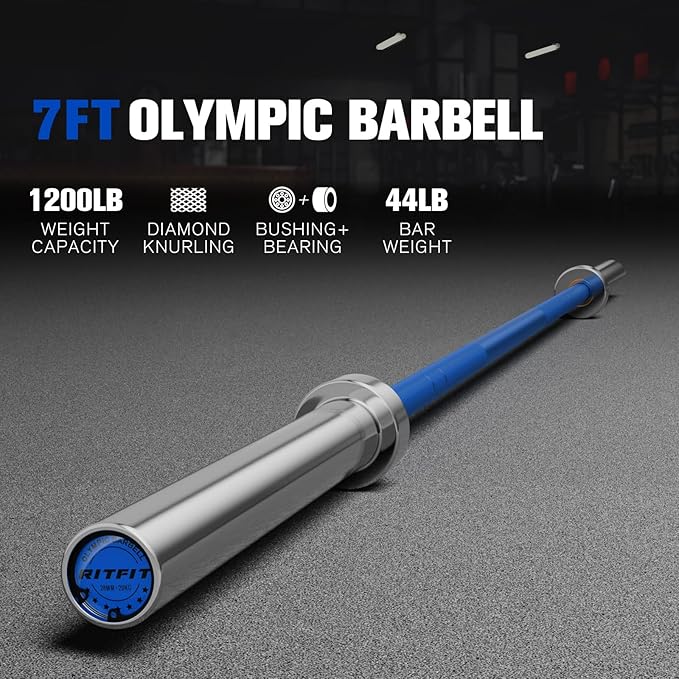 RitFit Elite 7ft Olympic Barbell, Robust 45lb Barbell for Weightlifting and Powerlifting, Superior Olympic Bar with Exceptional 500lbs Load Capacity, Weight Bar for 2” Standard Plates