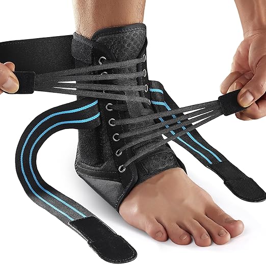 AGPTEK Ankle Brace for Women Men, Adjustable Lace-Up Ankle Support with Removable Splints for Sprained Ankle, Injury Recovery, Ankle Stabilizer Wrap for Basketball Volleyball Sports, Blue, L